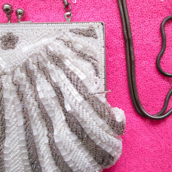 1950s vintage beaded evening purse prom white flapper bag - Picture 4 of 4